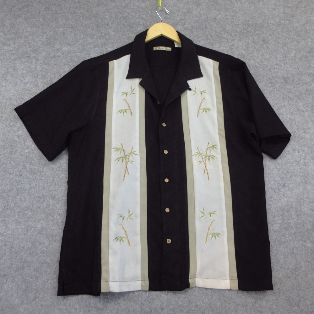Batik Bay Shirt Mens XL Black Bamboo Embroidered Camp Collar Rockabilly Bowling